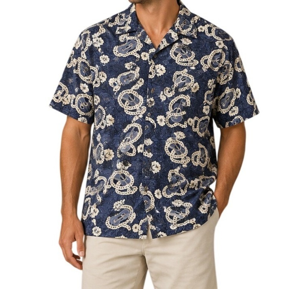 Vintage Barefoot in Paradise Navy Ukulele Lei Print Hawaiian Shirt Men's XL